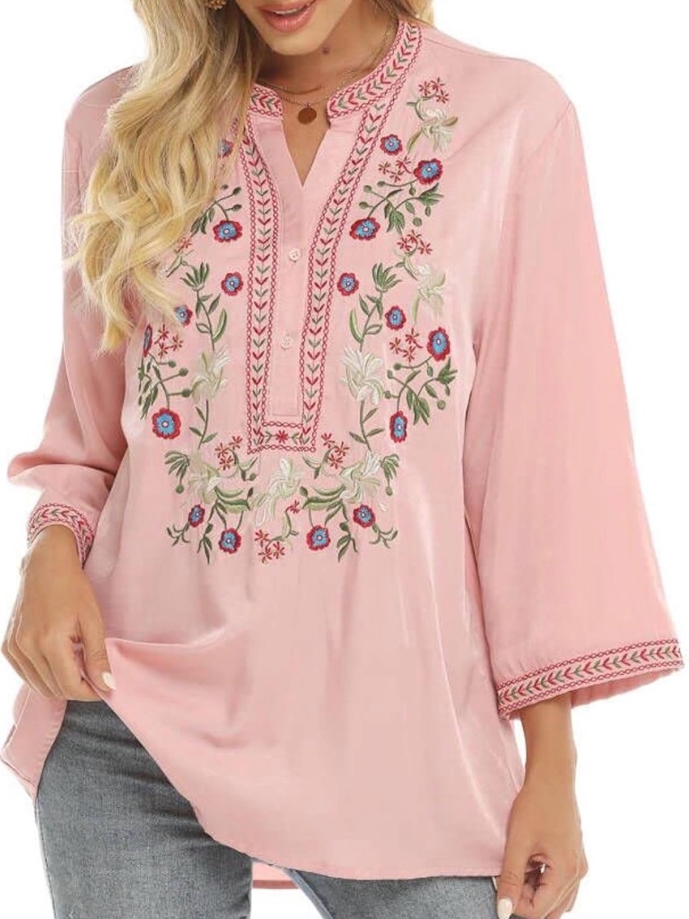 Laura Klein | Embroidered Pink V-Neck Peasant Blouse